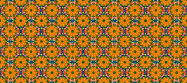 El çizimi çiçek unsurları olan soyut, dikişsiz raster deseni. 1950-1960 motifleri. Retro tekstil tasarım koleksiyonu. Turuncu, yeşil ve pembe turuncu, yeşil, pembe. Çiçekli ipek eşarp..