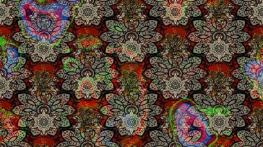 Gri ve kahverengi renkli çiçekler. Raster illüstrasyonu. Asya tekstil tarzında. Çiçek desenli çizim. Raster illüstrasyonu.