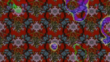 Vadinin kırmızı ve kahverengi renkli çiçekleri. Soyut etnik raster çizim kalıbı. Çiçekler..
