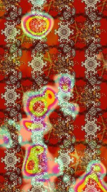 Soyut etnik raster çizim kalıbı. Kabile sanatı boho baskısı, klasik çiçek arkaplanı. Arkaplan dokusu, duvar kağıdı, kahverengi ve kırmızı renkli çiçek teması.