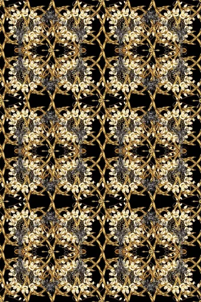 Paisleys zarif çiçek desenli arkaplan duvar kâğıdı illüstrasyonuyla klasik stil güzel 3D çizgili sanat eseri altın ve siyah ve kahverengi desenli çiçek yaprakları ve süslemeleri.