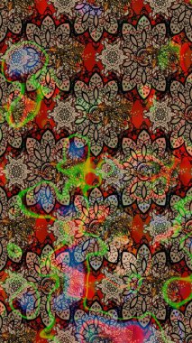 Asya tekstil tarzında. Güzel kumaş deseni. Çiçek desenli çizim. Renkli Bahar Teması eskiz kalıbı. Düz Çiçek Elementleri Tasarımı. Raster illüstrasyonu.