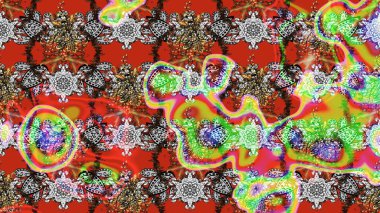 Kırmızı ve gri arka planda. Çocuksu tasarım. Elle çizilmiş çiçek desenli Raster çizimi. Tekstil, kumaş, ambalaj, hatıra defteri için güzel çiçek arkaplanı..