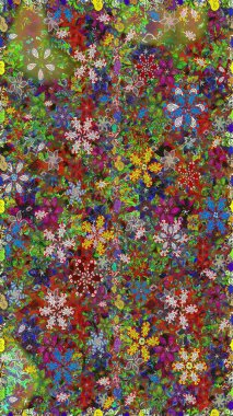 Düz Çiçek Elementleri Tasarımı. Yeşil ve kahverengi renkli çiçekler. Kusursuz çiçek deseni. Asya tekstil tarzında. Renkli Bahar Temalı Kusursuz Arkaplan. Raster illüstrasyonu.