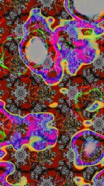 Moda baskıları için zarif bir şablon. Halk tarzı. Parlak renkli çiçekleri ve kırmızı ve gri renkte yaprakları olan harika bir çiçek deseni. Modern çiçek arkaplanı.