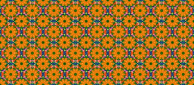 1950-1960 motifleri. Turuncu, yeşil ve pembe turuncu, yeşil, pembe. Çiçekli ipek eşarp. El çizimi çiçek unsurları olan soyut, dikişsiz raster deseni. Retro tekstil tasarım koleksiyonu.