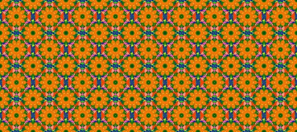 1950-1960 motifleri. Turuncu, yeşil ve pembe turuncu, yeşil, pembe. Çiçekli ipek eşarp. El çizimi çiçek unsurları olan soyut, dikişsiz raster deseni. Retro tekstil tasarım koleksiyonu.
