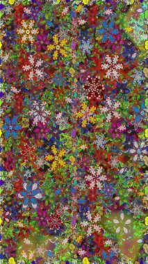 Düz Çiçek Elementleri Tasarımı. Yeşil ve kahverengi renkli çiçekler. Asya tekstil tarzında. Raster illüstrasyonu. Renkli Bahar Temalı Kusursuz Arkaplan. Kusursuz çiçek deseni.