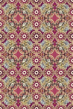 Çiçek süsü kumaş deseni, cam, çiçek desenli metal kahverengi, mor ve bej renklerinde altın elementler. Klasik raster altın pürüzsüz desen.