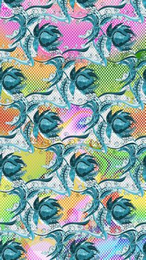 Sanat ilham verir, tarafsız ve yeşildir. Çiçekler ve yapraklar. Mavi, nötr ve yeşil el çizimi desen. Raster deseni. Karalama çiçekleri el deseni.