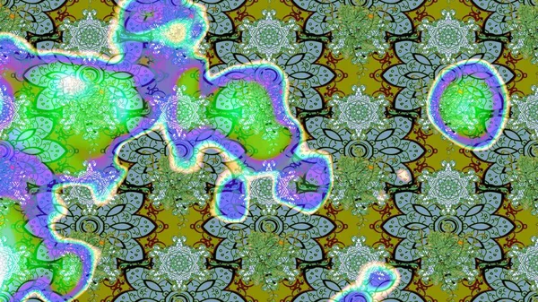 Yeşil renkli etnik çiçeklerle süslenmiş zarif bir eskiz şekli. Asya Tekstil 'inde Raster Çiçek İllüstrasyonu.