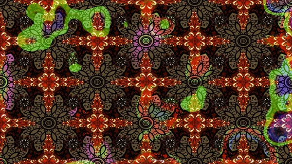 Tekstil, kumaş, ambalaj, hatıra defteri için hoş bir çiçek arkaplanı. Çocuksu tasarım. Kahverengi arka planda. Elle çizilmiş karalama çiçekleri ile Raster çizim deseni.