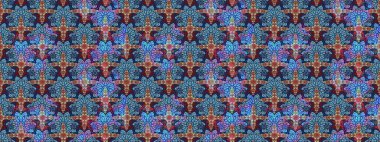 Modern çiçek arkaplanı. Parlak renkli çiçekleri ve mavi yaprakları olan harika bir çiçek deseni. Moda baskıları için zarif bir şablon. Halk stili.