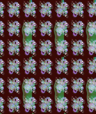 Raster deseni. Bahar çiçekleri dallı desen, kahverengi ve çiçek siluetiyle yeşil renkler.