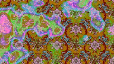 Yeşil ve kahverengi renkli bitkilerden oluşan parlak çiçekli çizim deseni.