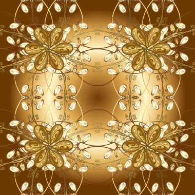 Kusursuz altın desenli bukleler. Doğu tarzı arabesk. Parlak dantel, stilize çiçekler, şal desenli. Hassas altın deseni açın. Hoş renklerde, altın elementlerle kusursuz desen. Raster illüstrasyonu.