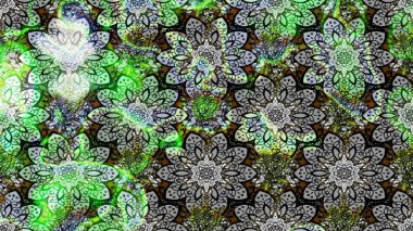 Nakış desenli çiçek deseni. Renkli grunge, soyut arkaplanı kologray ve yeşil çiçeklerle süslüyor. İzler, kumaş, duvar kağıtları, tekstil için raster dokusu.