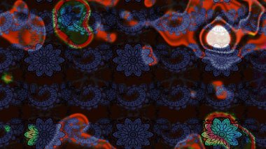 Raster illüstrasyonu. Çiçek desenli çizim. Siyah ve gri renkli çiçekler. Asya tekstil tarzında. Raster illüstrasyonu.