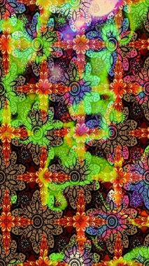 Bir sürü yeşil ve siyah soyut çiçekli tropik eskiz deseni. Küçük çiçekteki sevimli çiçek deseni. Varicologreen ve siyah raster çizimi.