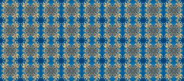 Mavi, gri ve bej renkli desen. Raster Golden Mehndi kusursuz desen. Kına dövmeli süs çiçekleri, altın çıkartmalar, mehndi ve yoga tasarımı, kartlar ve parmak izleri..