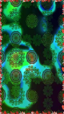 Raster illüstrasyonu. Renkli, pürüzsüz desen. Çiçek arkaplan. Yeşil ve mavi renkli şirin tekstil tarzında. Çiçek duvar kağıdı.