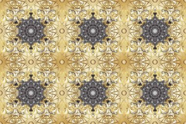 Kına dövmeli süs çiçekleri, altın çıkartmalar, mehndi ve yoga tasarımı, kartlar ve parmak izleri. Raster Golden Mehndi kusursuz desen. Bej, nötr ve gri renkte desen.