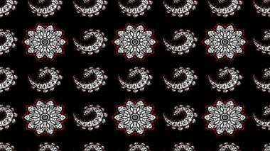 Raster illüstrasyonu. Siyah ve gri renkli Asya tekstili. Çiçek desenini çiz.