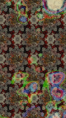 Çiçeksel elementlerle süslenmiş zarif raster dokusu. Gri renkler ve parlak çiçekler üzerine soyut çizim deseni. Küçük çiçekte şirin bir çiçek deseni var..