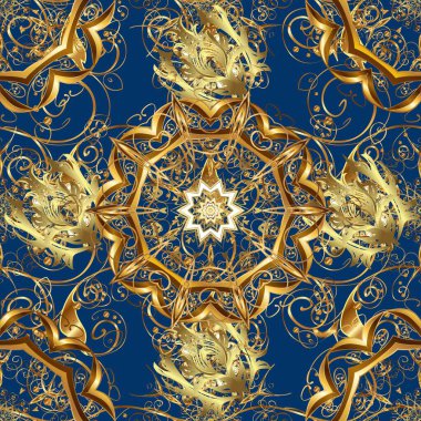 Raster illüstrasyonu. Klasik klasik klasik arka plan. Kusursuz klasik raster altın desenli. Geleneksel oryantasyon süsü. Hoş renklerde, altın elementlerle kusursuz desen.