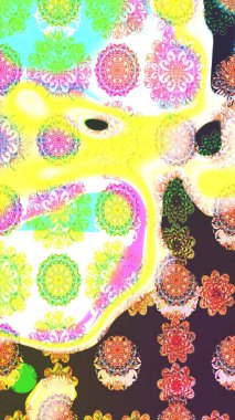 Parlak çiçekli sarı ve kahverengi renkler üzerine soyut çizim deseni. Çiçeksel elementlerle süslenmiş zarif raster dokusu. Küçük çiçekte şirin bir çiçek deseni var..