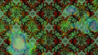 Çocuksu tasarım. Tekstil, kumaş, ambalaj, hatıra defteri için hoş bir çiçek arkaplanı. Yeşil ve kahverengi arka planda. Elle çizilmiş karalama çiçekleri ile Raster çizim deseni.