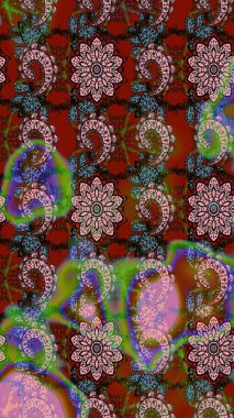 Çiçekli karalama şeklinde Raster çiçek deseni. Raster illüstrasyonu. Nazikçe, yaz çiçekleri kahverengi ve kırmızı renklerde.