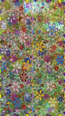 Raster illüstrasyonu. Güzel kumaş deseni. Zentangle soyut çiçekleri. Düz Çiçek Elementleri Tasarımı. Renkli Bahar Temalı Kusursuz Arkaplan. Çiçek tozu..