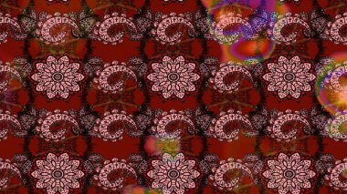 Raster illüstrasyonu. Raster illüstrasyonu. Çiçek desenli çizim. Kahverengi ve kırmızı renkte çiçekler. Asya tekstil tarzında.