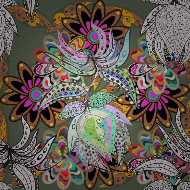 Vadinin yeşil ve gri renkli çiçekleri. Soyut etnik raster kusursuz desen. Çiçekler..