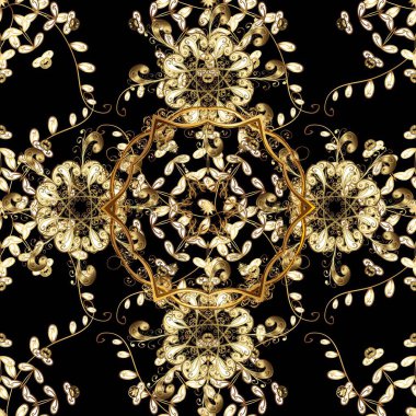 Duvar kâğıdı için altın süslü bir illüstrasyon. Çiçekli süslemeli, pürüzsüz bir desen. Hoş renkler üzerine geleneksel Arapça dekor. Doğu tarzında klasik tasarım öğesi. Süslü dantel iz sürücü.
