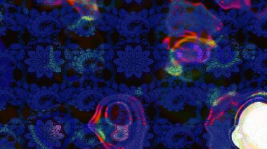 Mavi ve siyah renkler üzerine çiçek çizimi. Mavi ve siyah renkte çiçekler. Şatafatlı bahar bahçesi dokusu. Raster illüstrasyonu. Çiçek deseni.