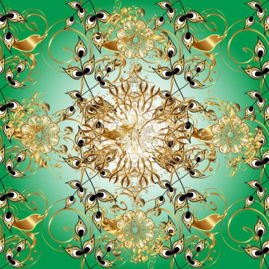Geleneksel oryantasyon süsü. Yeşil ve nötr renklerde altın elementlerle kusursuz desen. Klasik raster sarısı, kusursuz desen. Klasik vintage arkaplan.