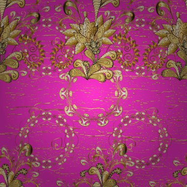 Mor ve kahverengi renklerde altın elementlerle desen. Klasik mobilya tarzı. Altın kaplamalı Magenta ve kahverengi zemin. Lüks mobilyalar. Kusursuz ahşap oyma. Küçük alan derinliği.