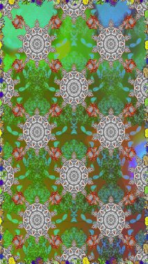 Düz Çiçek Elementleri Tasarımı. Raster illüstrasyonunda kusursuz çiçek deseni. Yeşil ve gri renkli çiçekler. Renkli Bahar Teması Kusursuz Arkaplan.