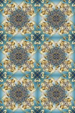 Düz elle çizilmiş klasik koleksiyon. Raster altın pürüzsüz desen. Altın desenli mavi, nötr ve gri renkte altın elementler. Arkaplan, kumaş, altın duvar kağıdı.
