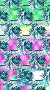 Mavi, nötr ve yeşil renkte çiçekler. Şatafatlı bahar bahçesi dokusu. Çiçekli el mavi, nötr ve yeşil renklerde. Çiçek deseni. Raster illüstrasyonu.