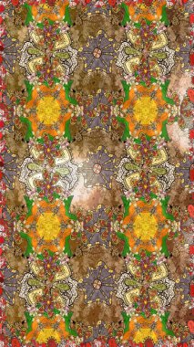 Renkli desenli eskiz deseni, kahverengi çiçekler ve dekoratif elementlerle. Eski usul. Raster illüstrasyonu. Kumaş, tekstil, duvar kağıdı baskısı için. Taslak arkaplan.