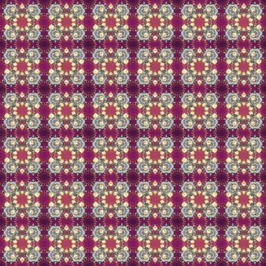 Tasarım için Damask çizim kalıbı. Mor ve gri renklerde altın elementlerle Raster eskiz deseni.