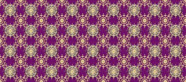 Geleneksel oryantasyon süsü. Kusursuz klasik raster altın desenli. Mor ve beyaz renklerde altın elementlerle kusursuz desen. Klasik vintage arkaplan.