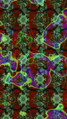 Renkli grunge, koyu yeşil ve kırmızı çiçeklerle soyut bir arka plan oluşturur. Nakış desenli çiçek deseni. İzler, kumaş, duvar kağıtları, tekstil için raster dokusu.