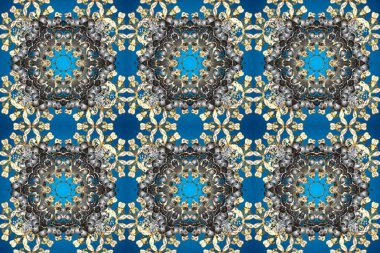Raster. Gri, mavi ve bej renklerde altın elementlerle kusursuz desen. Parlak dantel, stilize çiçekler, şal desenli. Doğulu tarzı. Hassas altın deseni açın. Kusursuz altın dokular bukleler
