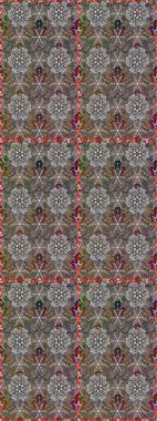 El çizimi çiçek unsurları olan soyut, dikişsiz raster deseni. 1950-1960 motifleri. Gri ve kahverengi üzerine gri ve kahverengi. Retro tekstil tasarım koleksiyonu. Çiçekli ipek eşarp..