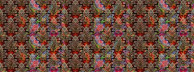 Raster illüstrasyonu. Suluboya çiçekli çiçek deseni. Kahverengi ve bej renkli güzel tekstil.