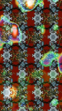 Moda baskıları için zarif bir şablon. Halk tarzı. Modern çiçek arkaplanı. Parlak renkli çiçekleri olan ve kahverengi ve kırmızı renkte yaprakları olan inanılmaz bir çiçek deseni..